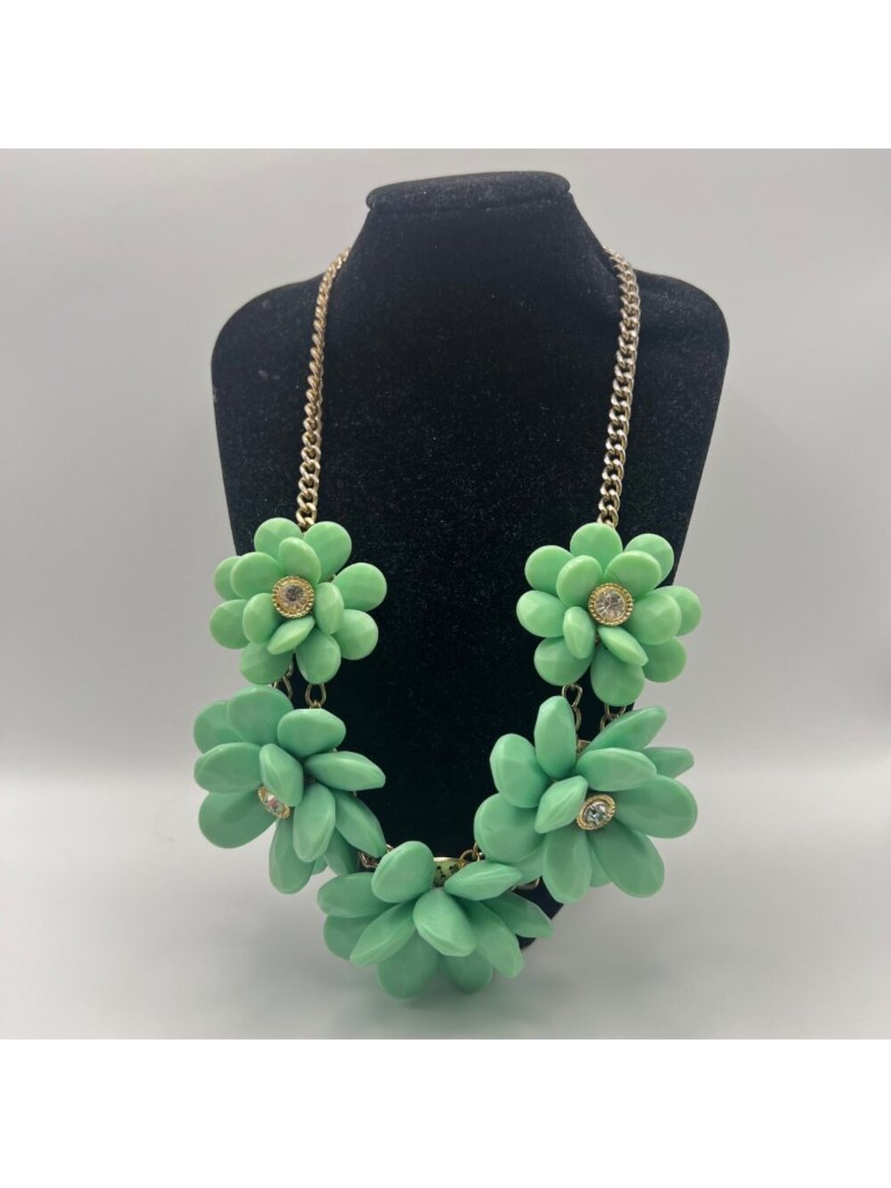 Mint Green Flower Statement Necklace Rhinestone Accents Gold Chain 18-21" Chunky